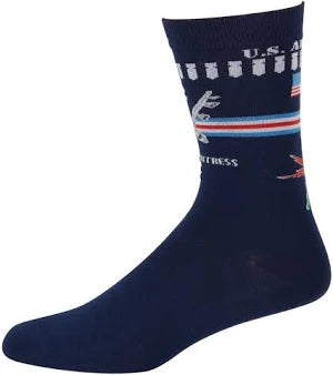 A pair of navy blue woven socks with B-52 Stratofortress markings and the text 'U.S.A.' on the ankle area.