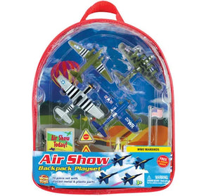 Toy airplane backpack playset with various planes in clear plastic packaging on a white background
