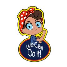 A die-cut sticker featuring a cartoon version of Rosie the Riveter with a red polka-dot bandana, wearing a blue shirt, and the text 'WE CAN DO IT!' on a circular background.