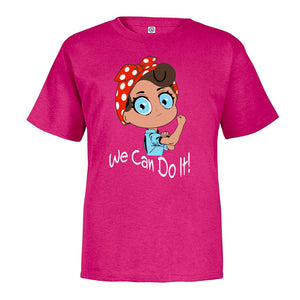 A pink t-shirt with a graphic print of Rosie the Riveter, a cartoon character with a red bandana and the text 'We Can Do It!'