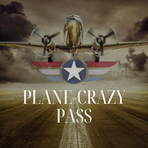 A black and white image of an airplane with 'PLANE-CRAZY PASS' text overlayed on a runway background.