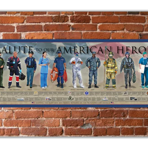 A poster featuring a series of portraits of American heroes in various uniforms, arranged in a timeline format, with a title 'Salute to our American Heroes' at the top.