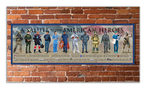 A poster featuring a series of portraits of American heroes in various uniforms, arranged in a timeline format, with a title 'Salute to our American Heroes' at the top.
