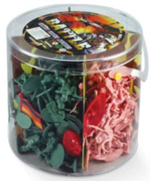 A clear plastic bucket containing a variety of plastic military figures in different uniforms.