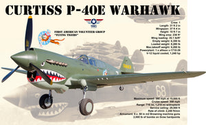 A 3D metal sign featuring a green P-40 Warhawk aircraft with a shark-like mouth, detailed text including specifications and history, and the logo of the First American Volunteer Group.
