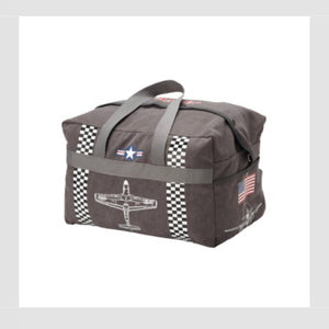 A gray duffel bag with P-51 Mustang graphics and a distressed American flag on one side, featuring a checkered pattern on the sides and a stars and stripes pattern on the front.