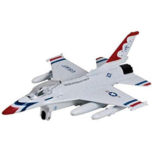 A diecast metal and plastic model of an F-16 Thunderbird airplane, predominantly silver with red, white, and blue accents, designed for children.