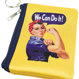 A neoprene coin purse with an image of Rosie the Riveter on the front, featuring a yellow background, a keychain, and a zipper closure.