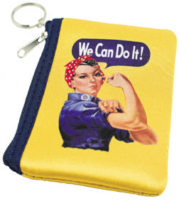 A neoprene coin purse with an image of Rosie the Riveter on the front, featuring a yellow background, a keychain, and a zipper closure.