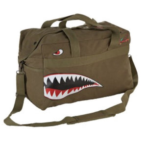 A green duffel bag with 'shark teeth' and a leaping tiger graphic, featuring two side pockets and a central zipper.