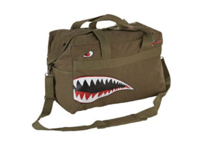 A green duffel bag with 'shark teeth' and a leaping tiger graphic, featuring two side pockets and a central zipper.