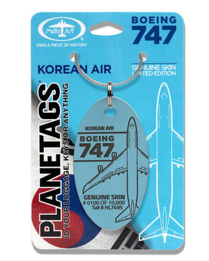 A Boeing 747 Korean Air plane tag with a blue and red design, featuring an illustration of the airplane and the Korean Air logo.