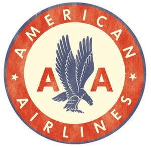 A sticker with the American Airlines logo featuring an eagle design against a red and blue background.
