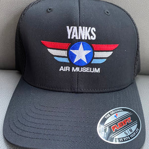 A black Yanks Air Museum baseball cap with an embroidered logo on the front.