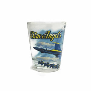 A shot glass with a Blue Angels airplanes design and the logo 'Blue Angels' at the top.