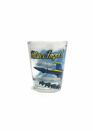 A shot glass with a Blue Angels airplanes design and the logo 'Blue Angels' at the top.