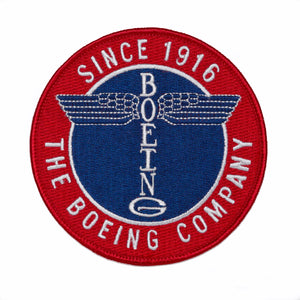 A round, red, blue, and white embroidered patch featuring the Boeing Company logo and the text 'Since 1916'.