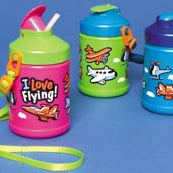 Three plastic water bottles with aviation-themed graphics, including airplanes and the text 'I love Flying'. The bottles come in pink, blue, and green colors and each has a detachable strap.