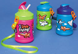 Three plastic water bottles with aviation-themed graphics, including airplanes and the text 'I love Flying'. The bottles come in pink, blue, and green colors and each has a detachable strap.
