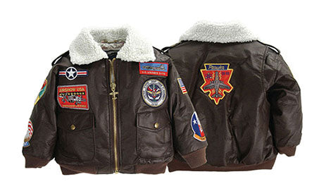 A-2 Youth Bomber Jacket in brown with a white collar, display of various patches, and zipper closure.