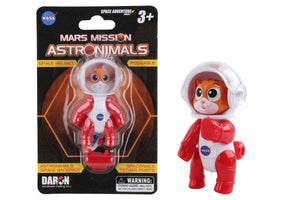 Packaged toy figure of a Mars Mission Astronauts cat in a spacesuit, with the toy visible both in and out of its packaging.