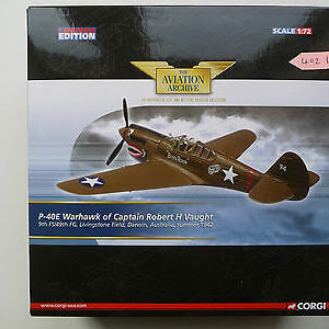 Boxed Corgi Aviation Archive Series diecast model of a Curtiss P-40 E Warhawk with the text '41-24872' and 'Captain Robert H. Vaught, 9th FS, 49th FG, USAAF, Livingstone Field, Australia, 1942' on the packaging.