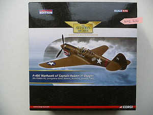 Boxed Corgi Aviation Archive Series diecast model of a Curtiss P-40 E Warhawk with the text '41-24872' and 'Captain Robert H. Vaught, 9th FS, 49th FG, USAAF, Livingstone Field, Australia, 1942' on the packaging.