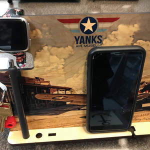 Beautiful wood P-40 docking station with slots for your phone, keys, pen, watch, wallet and more.