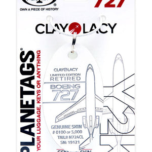 An aluminum airplane tag with 'BOEING 727' and 'CLAY LACY' text, along with an illustration of a Boeing 727 airplane. It is labeled as a 'Limited Edition' item.