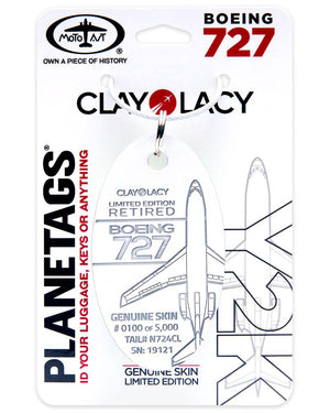 An aluminum airplane tag with 'BOEING 727' and 'CLAY LACY' text, along with an illustration of a Boeing 727 airplane. It is labeled as a 'Limited Edition' item.