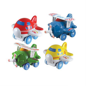 Colorful diecast metal airplanes with wheels, designed for friction-powered action.