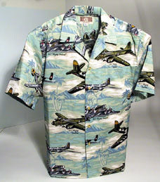 WWII Hawaiian Bomber Airplane Shirt in Sea Foam Green