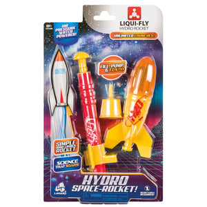 A packaged Hydro Space Rocket toy set, predominantly red and yellow in color, with water rocket and launcher visible through the clear plastic of the box.