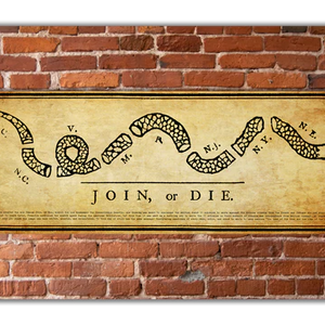 A poster featuring the Join or Die symbol with a brick wall background and the text 'Join, or Die' at the top.
