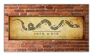A poster featuring the Join or Die symbol with a brick wall background and the text 'Join, or Die' at the top.