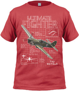 Youth-sized red t-shirt with a graphic of a WWII-era airplane and the text 'ULTIMATE FIGHTER' across the chest.