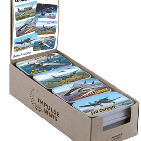 A open mint tin box with assorted airplane-themed peppermint candy packets inside.