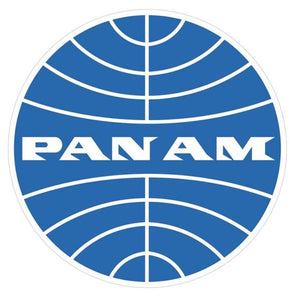 A sticker with the Pan Am logo, featuring a blue and white color scheme and the brand's signature globe graphic.