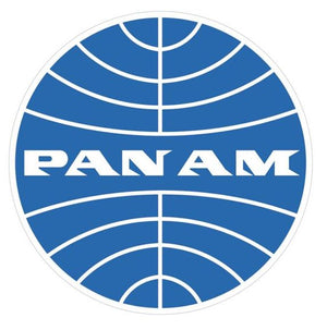 A sticker with the Pan Am logo, featuring a blue and white color scheme and the brand's signature globe graphic.