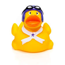 A yellow rubber duck with a black pilot's helmet and a decorative star on its chest.