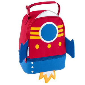 A colorful children's lunch box designed to look like a rocket with red, blue, and yellow accents, featuring an extendable strap and two compartments.