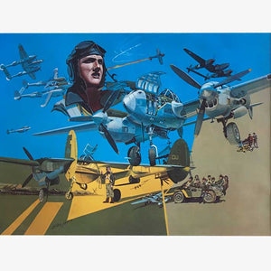 A colorful artistic collage of a P-38 Lightning aircraft with other planes in the background, featuring a pilot and various views of the aircraft.