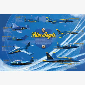 A poster featuring a collage of various Blue Angels aircraft in flight against a blue background, with the Blue Angels logo and text detailing the history of the team.