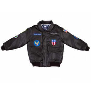 A black WWII bomber jacket with decorative patches and embroidered details, designed for youth.