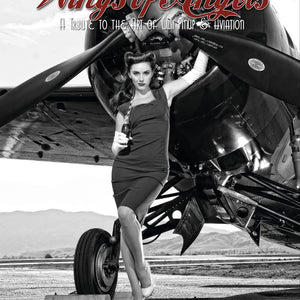 The cover of the book 'Wings of Angels Volume 2' features a black and white photograph of a woman posing next to a propeller airplane, with the title and author's name 'Mike Malak' at the bottom.
