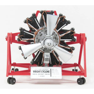 A completed model of a Wright Cyclone radial engine on a red display stand with a label indicating the product information.