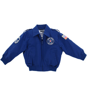 Navy blue U.S. Air Force jacket with three USA themed patches, designed for youth sizing.
