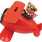 A red toy airplane with a cute brown bear sitting inside, resembling a biplane.