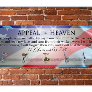 A poster featuring the American flag and textual prayers and Bible verses, displayed on a brick wall.