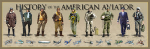 A historical poster featuring a timeline of the American Aviator, showcasing various aviators and aircraft from different eras.